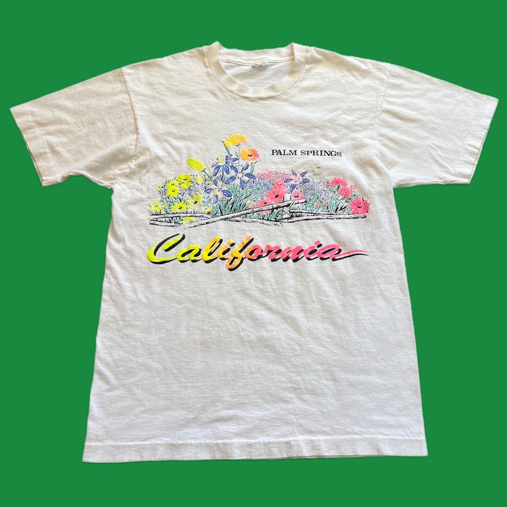 Vintage 90s Palm Springs California Flower Graphic Single Stitch Shirt White